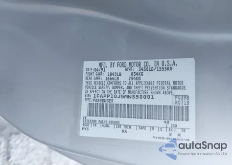 1991 Ford Escort Pony/L из США, поврежденный, VIN 1FAPP10J5MW350001